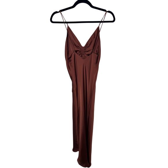 AllSaints Alexia ruched satin asymmetric midi dress in bronze Size 2 XS - Picture 4 of 8